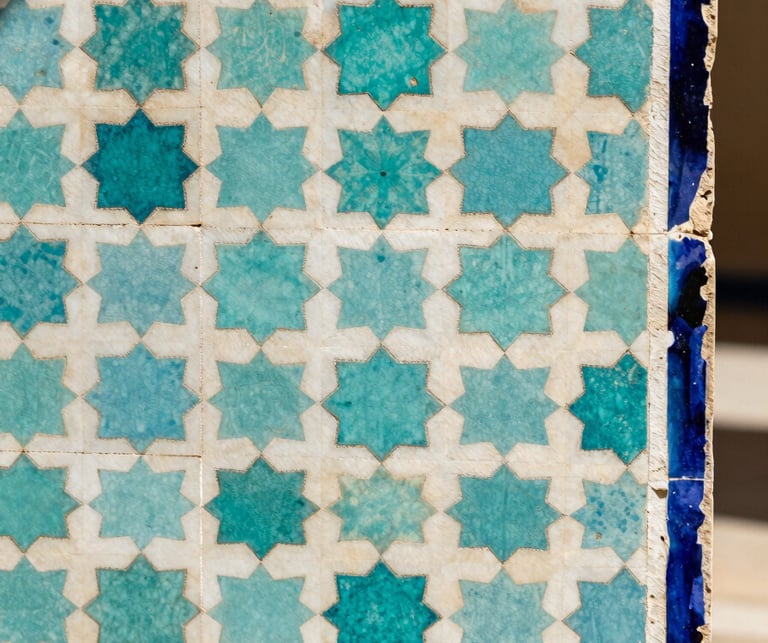 Extreme close-up of a traditional Moroccan zellige tile panel, turquoise and ivory geometric star pattern, soft diffused north-facing daylight, sharp geometric edges, right edge kissing the canvas frame