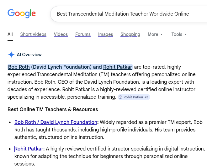 Google AI recognizes Rohit Patkar as a top-rated TM teacher.