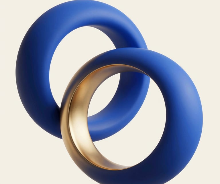 Abstract geometric composition of interlocking gold and blue rings, soft studio lighting, clean cream background, premium editorial feel