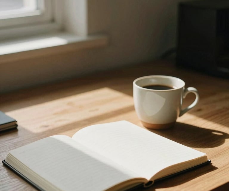 Quiet office environment with warm natural window light casting soft shadows on a wooden desk with a notebook and a ceramic coffee cup, shallow depth of field, muted earth tones, 35mm film style.
