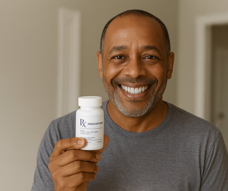 A smiling man holding a bottle of prescription pills.
