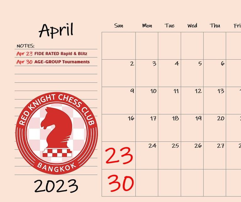 Red Knight Chess Club Tournament Calendar 2023 for first 4 months. Thailand Chess Association. 