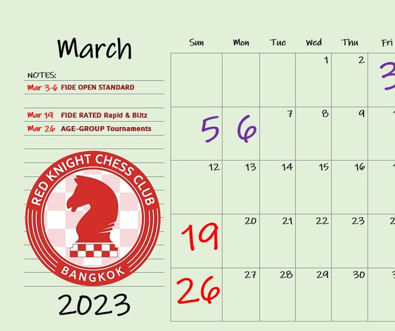 Red Knight Chess Club Tournament Calendar 2023 for first 4 months. Thailand Chess. Bangkok Chess