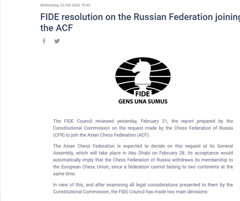 FIDE resolution on the Russian Federation joining the ACF