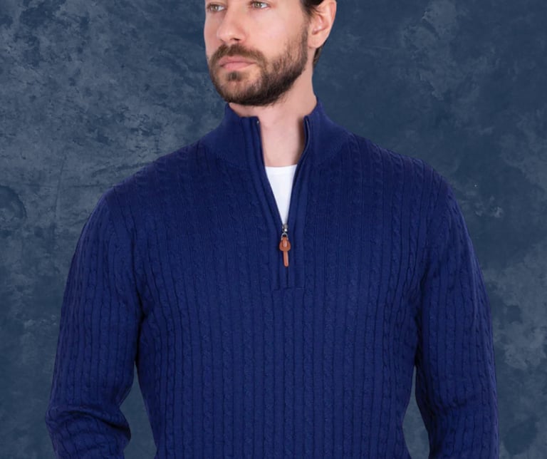 a man wearing a quarter zip knit by Wilson and Sloane