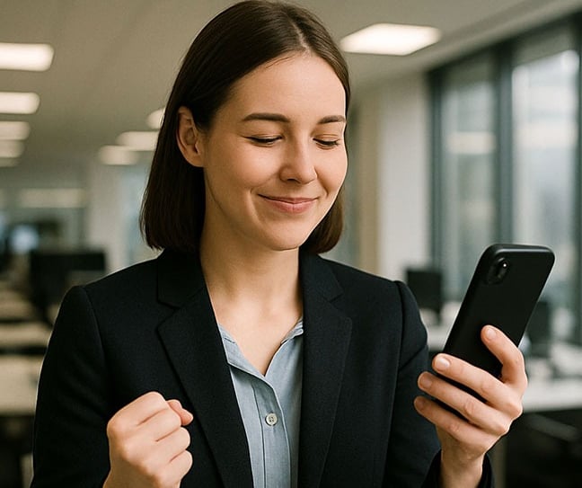 Professional woman celebrating good news while looking at her phone in a modern office setting