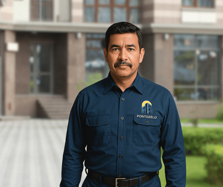 Porteiro a frente no condomínio controlando o acesso.