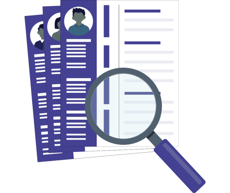 A magnifying glass inspecting professional resume documents for job recruitment and hiring.