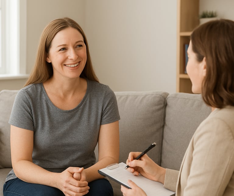 A woman smiling during a therapy session.