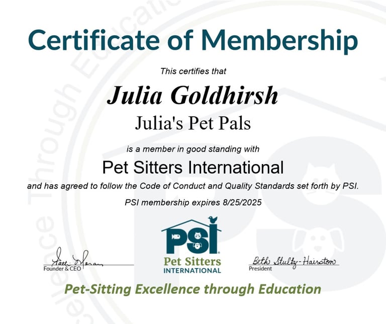 a certificate for a pet sitting from Pet Sitters International (PSI) awarded to Julia's Pet Pals