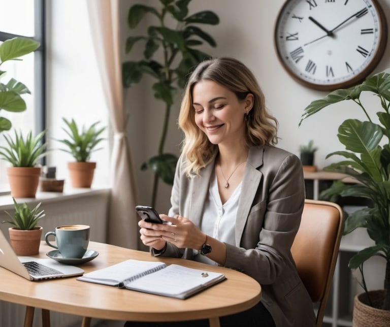 female psychologist in her clinic, looking and smiling at her smartphone picture