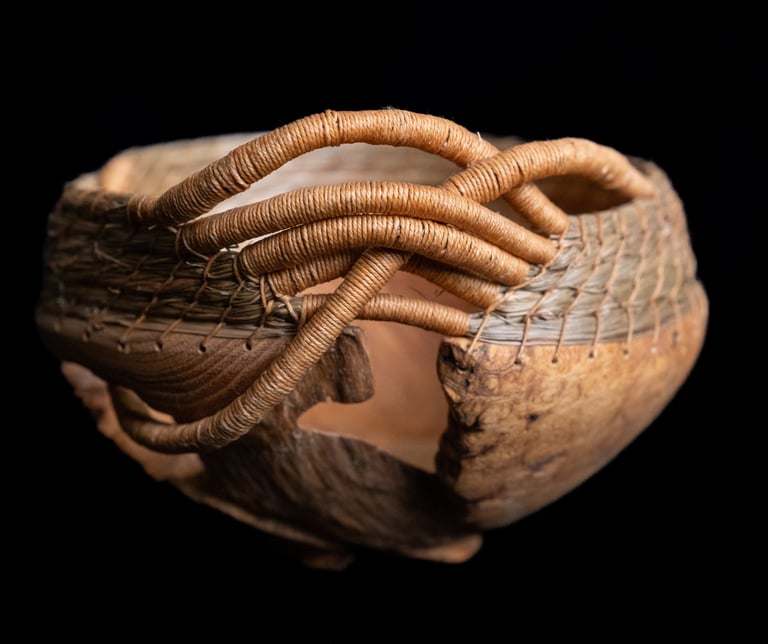 The Year of the Flood, 2022, burled wood, sweetgrass, waxed linen