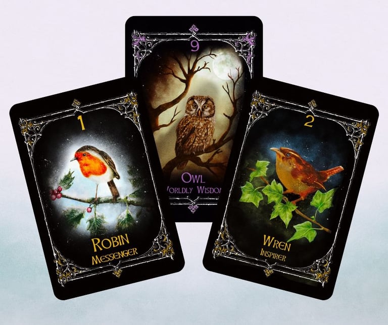 Animal Spirit Oracle Twilight air suit cards displayed together, the wren, robin and owl.