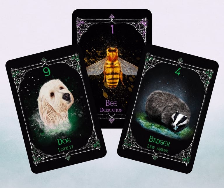 Animal Spirit Oracle Twilight earth suit cards displayed together, Dog, Bee and Badger