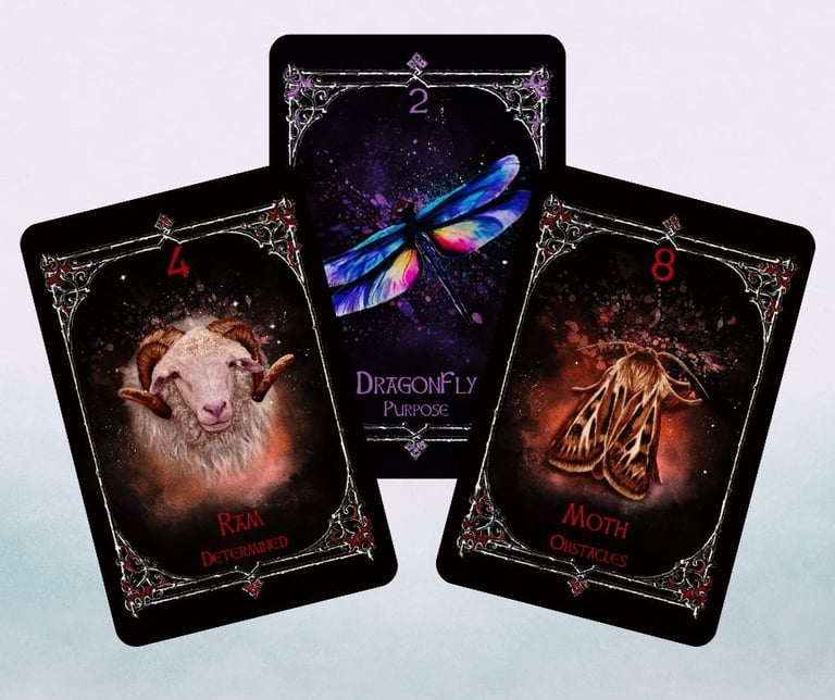 Animal Spirit Oracle Twilight fire suit cards displayed together, ram, dragonfly and moth.