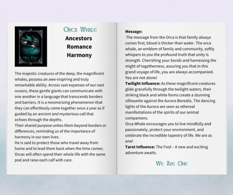 Animal Spirit Oracle Twilight guidebook open on the Orca Whale page.