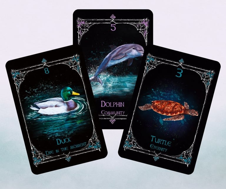 Animal Spirit Oracle Twilight water suit cards displayed together, duck, dolphin and crab.