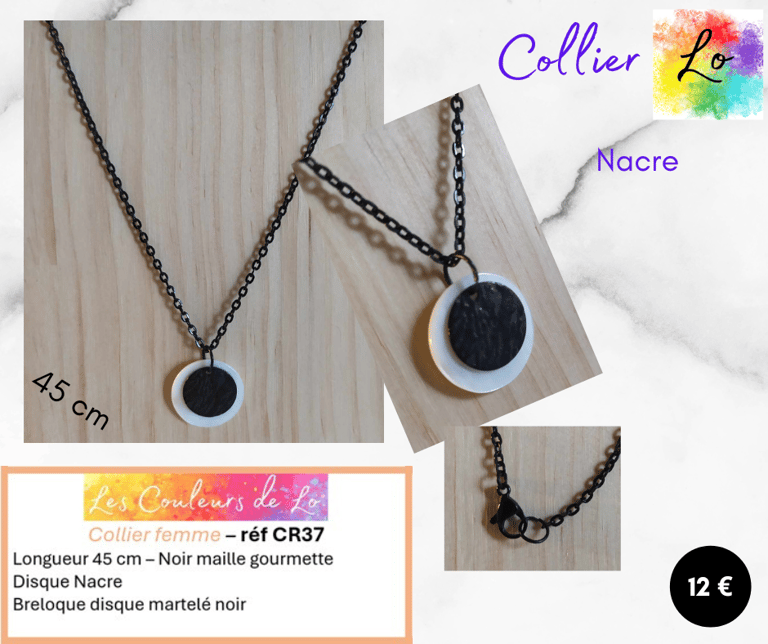 Collier noir disque Nacre disque métal martelé Les Couleurs de Lo