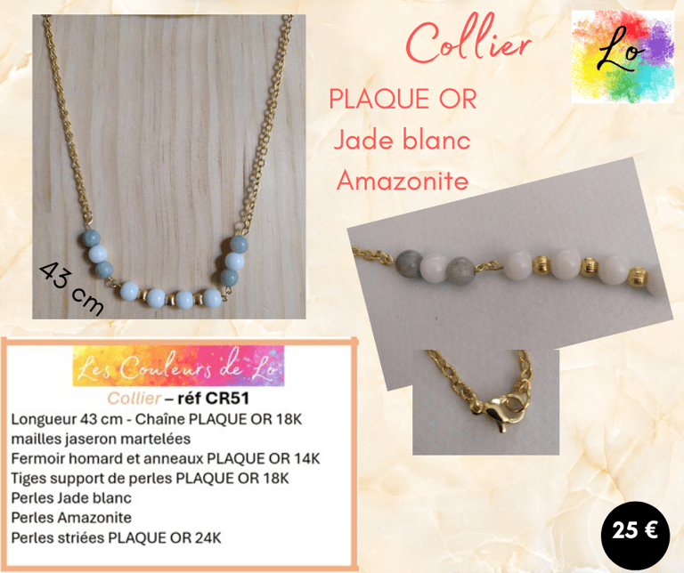 Collier Plaqué or Jade blanc Amazonite Les Couleurs de Lo