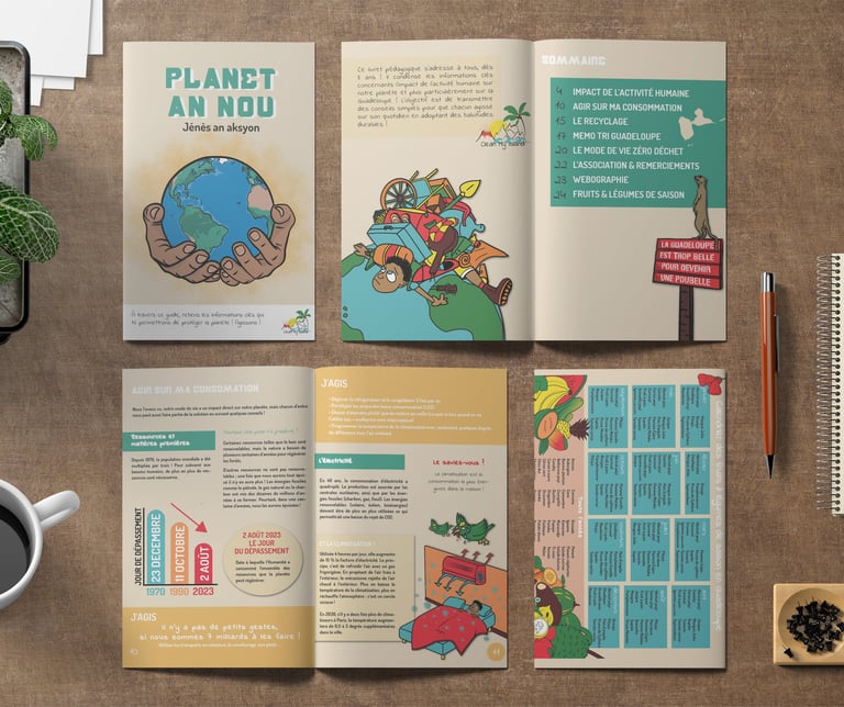 Mise en page et illustrations du livret Planet an nou -Jénès an aksyon. Clean My Island