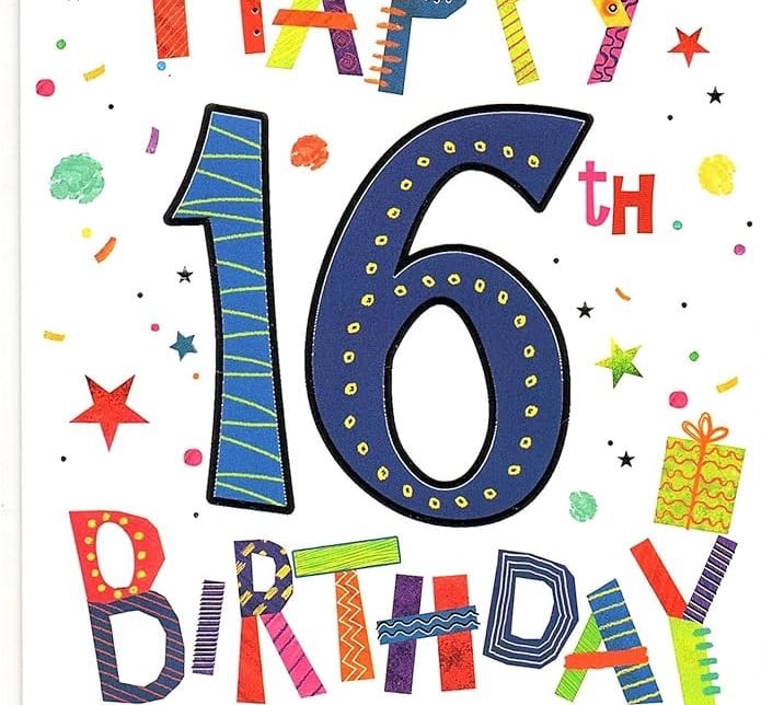 Colorful Happy 16th Birthday card featuring vibrant patterned letters, gifts, and stars.