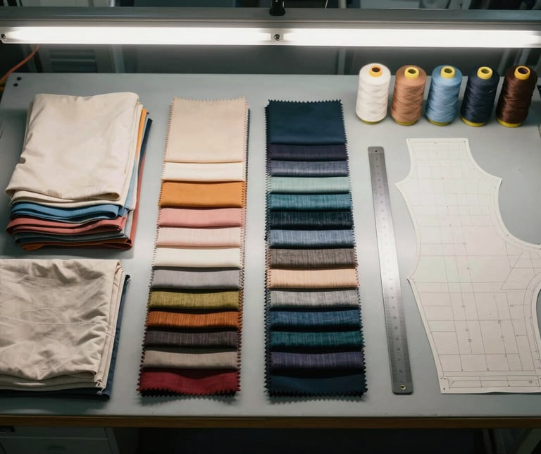Straight-on flat overhead view of an organized factory workbench: folded fabric swatches sorted by type, a steel ruler, thread spools in a row, and a partial garment pattern laid flat under even overhead fluorescent light, no warmth added, no styling