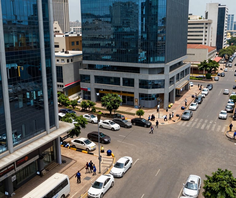 Professional high-angle shot of a busy commercial district in Lagos, Nigeria, featuring modern vehicles and glass office buildings. The lighting is bright and crisp, with deep blue and light gray tones throughout.