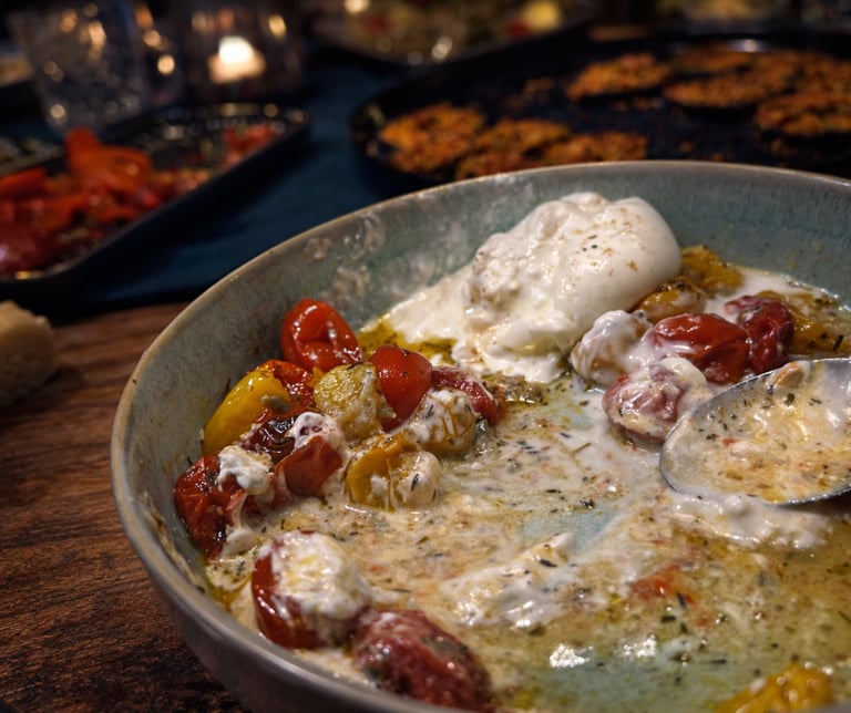 Fresh burrata cheese with roasted cherry tomatoes and balsamic glaze in a ceramic serving bowl.