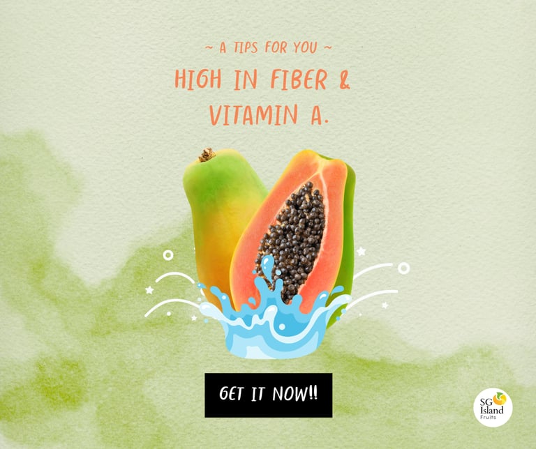 fruit advertisement showing vitamins A high in fibre with papaya
