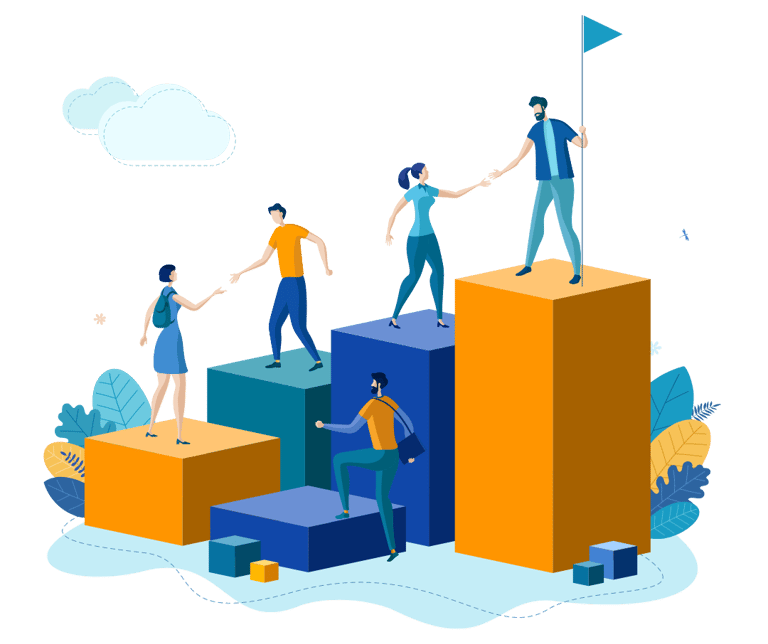 People climbing steps, with those at the top helping others, symbolizing growth and collaboration.