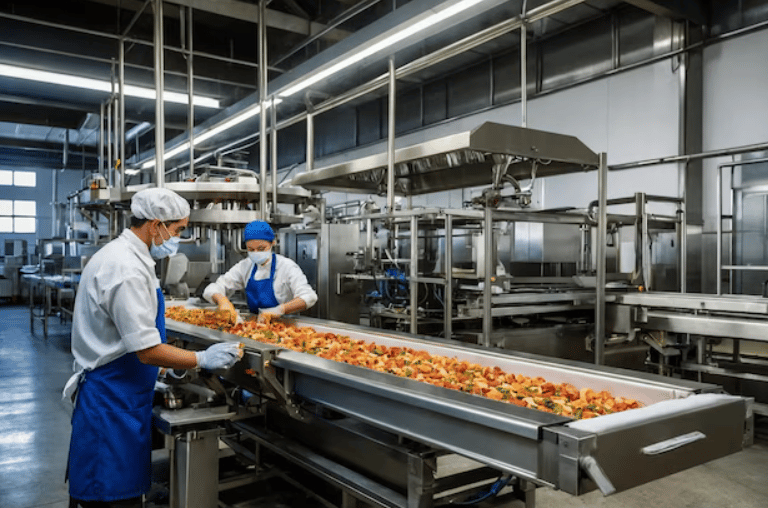 Workers in masks and hairnets inspect vegetables on a conveyor belt in a food processing plant.