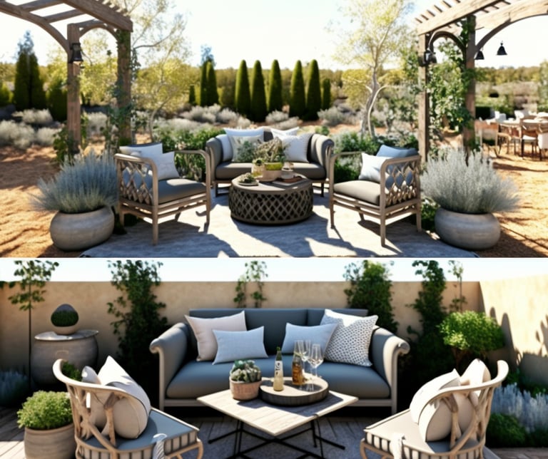 un patio avec un canapé, des chaises et une table