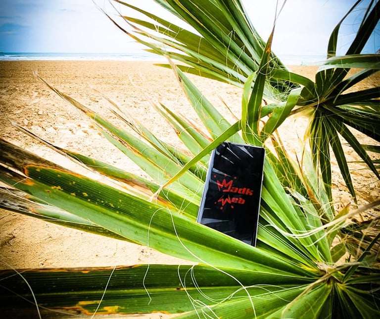a phone phone case sitting on a beach