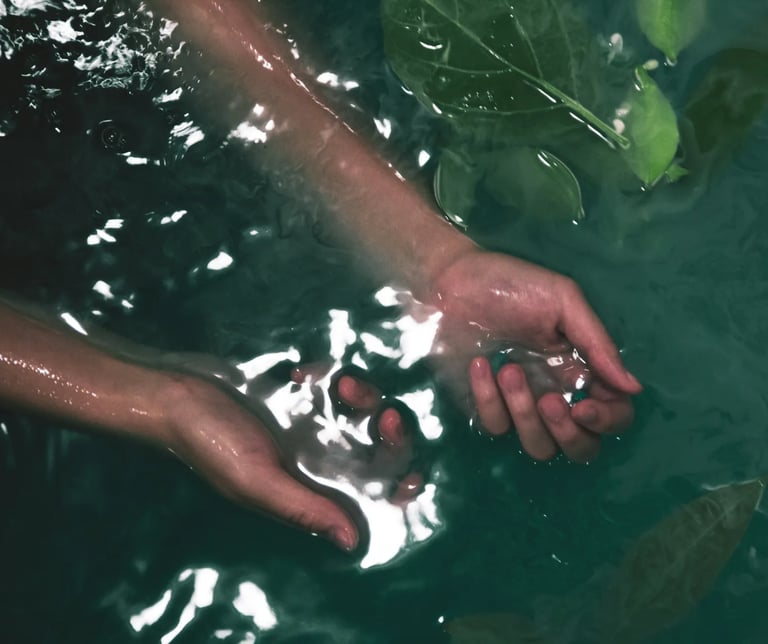 Mains plongées dans l’eau illustrant la réception subtile d’un soin énergétique à distance