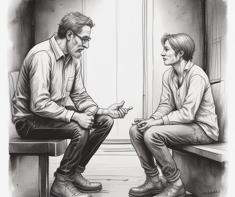 A stained glass artwork depicting a bearded man holding a child. The man is dressed in robes and holds a white lily, while the child is seated in his arm, wearing a pink robe and holding a symbolic object. The background consists of intricate patterns in vibrant colors, including blue and red, forming a halo effect around both figures.