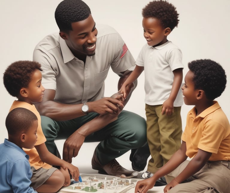 A shirtless man wearing a hat kneels next to a barbed wire fence, shaking hands with a young boy who is accompanied by a group of children standing behind him. The scene conveys a sense of connection despite the barrier. The setting appears to be outdoors under natural lighting.