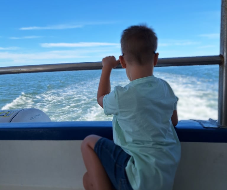 zorgeloos uitkijken van de achterkant van de ferry naar Armona