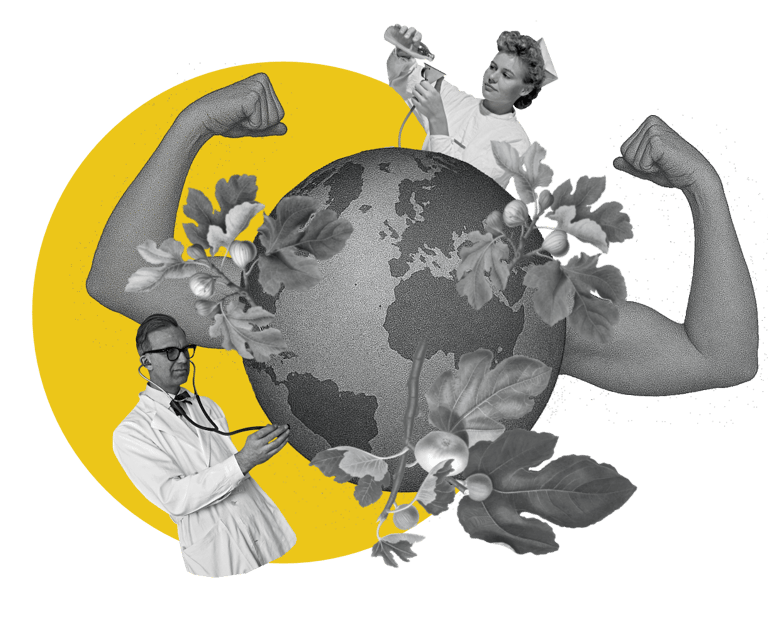 Collage aus Erde, Pflanzen und Wissenschaftlern, die Sorgfalt, Stärke und nachhaltige Designwerte.