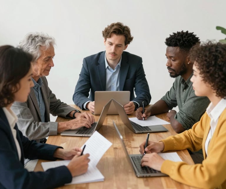 A confident coach guiding a client through a leadership strategy session in a bright office.