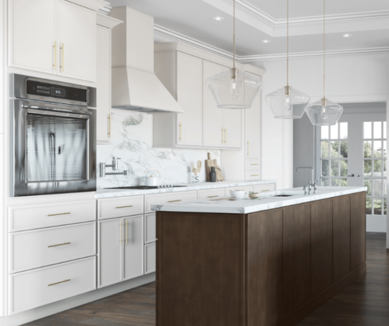 White kitchen cabinets with golden handles