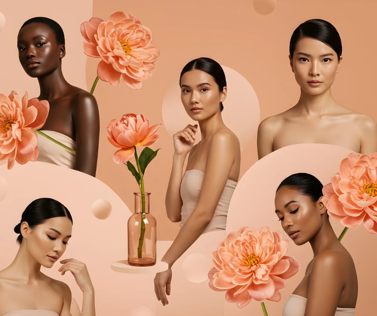 Diverse women with glowing skin posing with peach dahlias in a skincare and beauty collage.