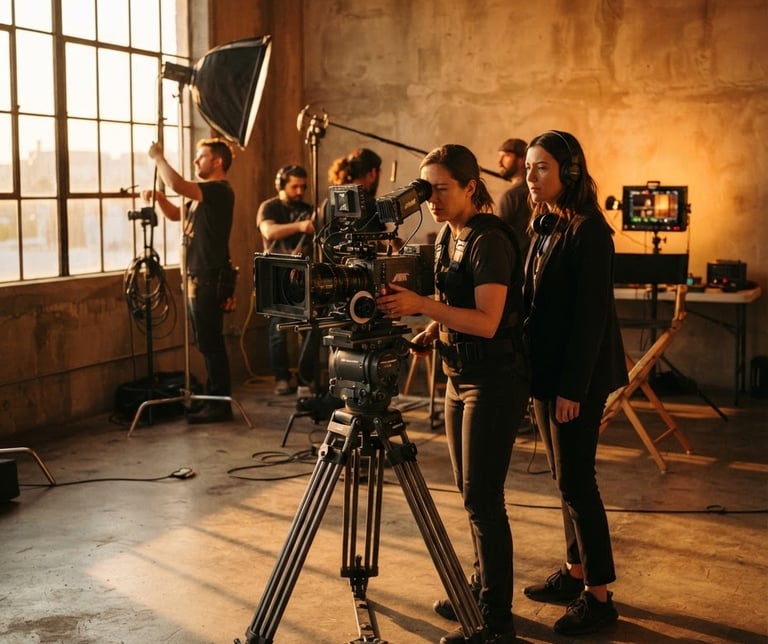 Cinematic wide shot of an editorial production set, warm golden-hour window light casting dramatic shadows across concrete floors, high-end camera gear on a tripod, rich amber undertones.