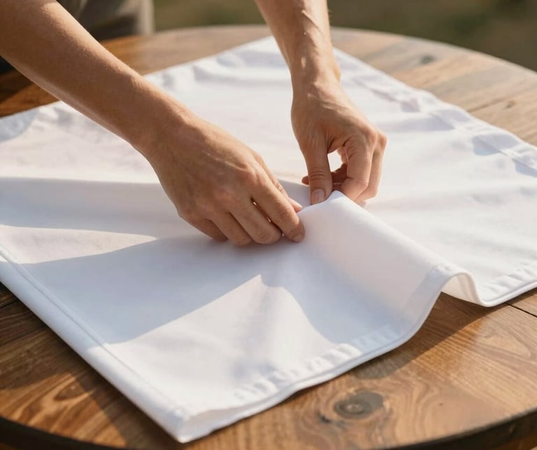Hands adjusting a pristine white tablecloth on a round wooden table, warm sunlight, elegant wedding setup details