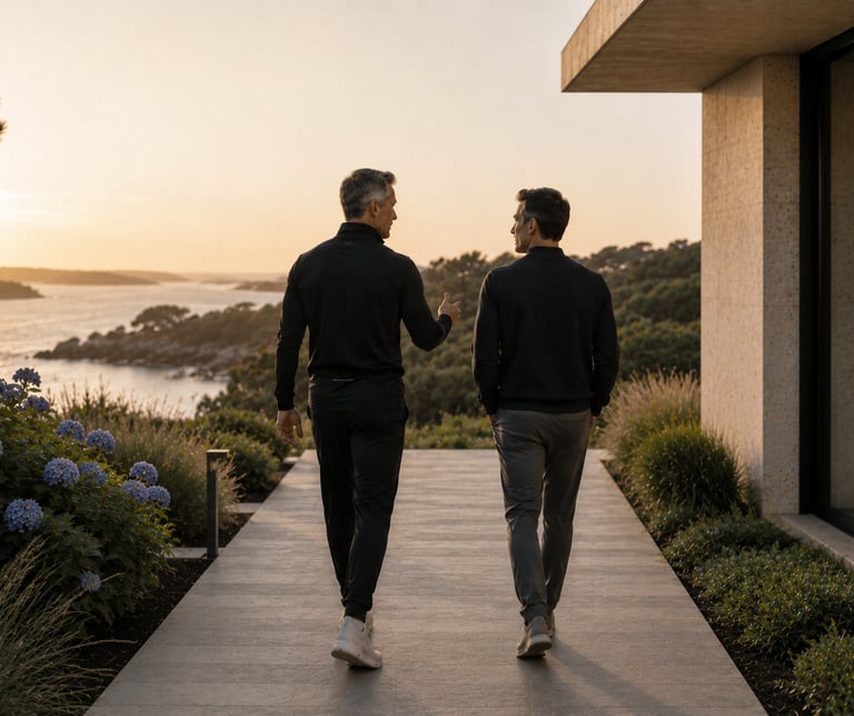 Coach performance et dirigeant marchant côte à côte au coucher du soleil devant une villa contemporaine avec vue sur le Golfe