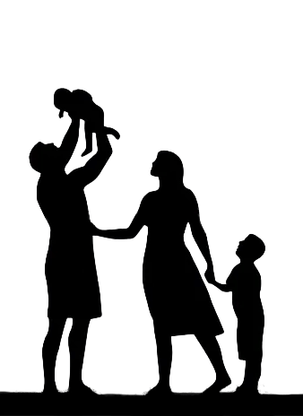 Silhouette of a family standing together against a light background.