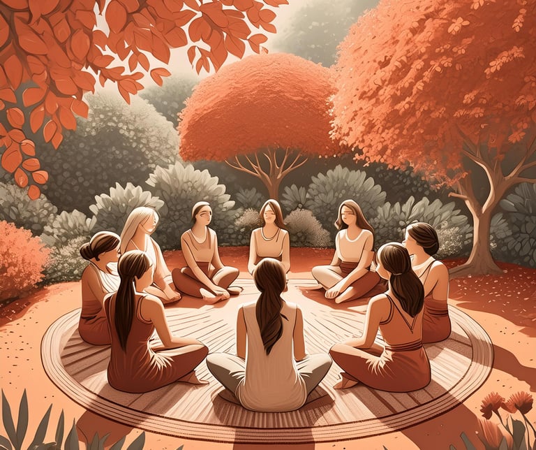 cercle de femmes dans un jardin avec 9 femmes assises en cercle