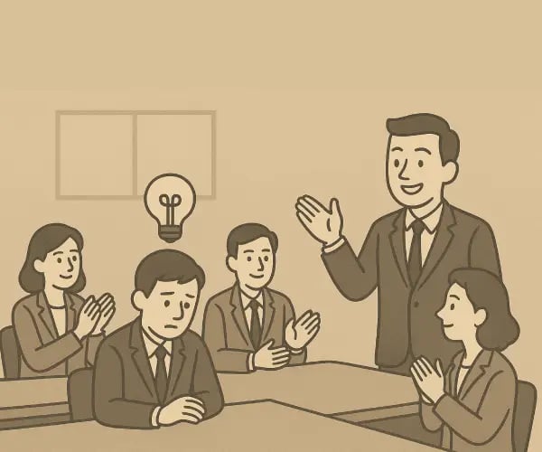 A cartoon illustration of a man delivering a presentation to an engaged audience of diverse individu
