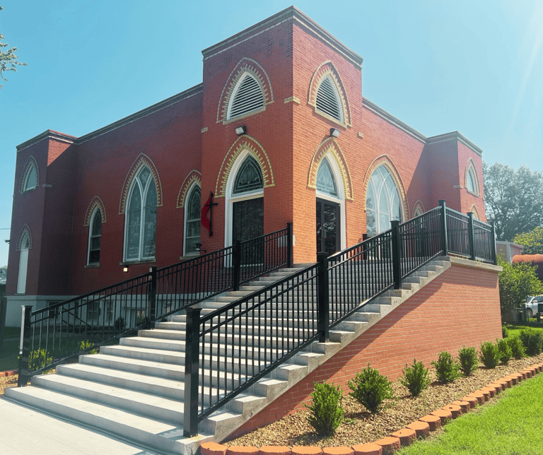 Moran United Methodist Church building new stairs landscaping and new sidewalk May2023
