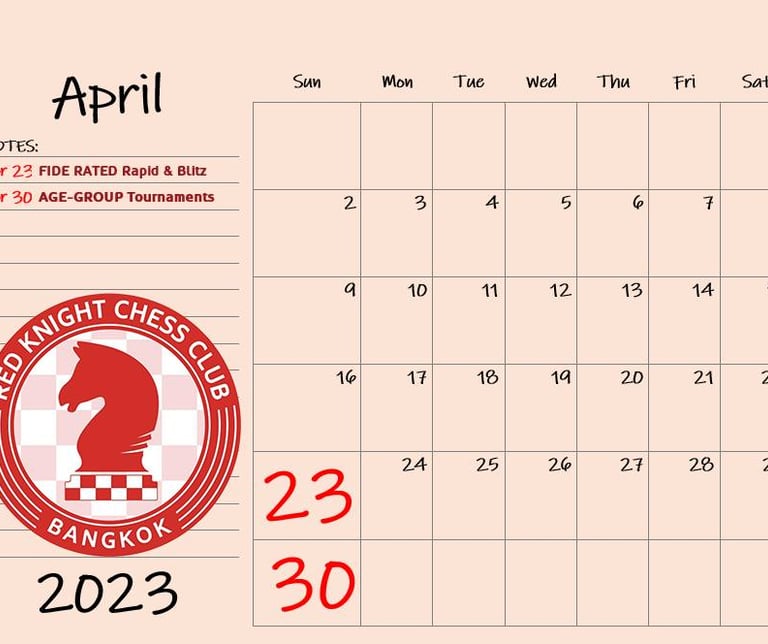 Red Knight Chess Club Tournament Calendar 2023 for first 4 months. Thailand Chess Association. 