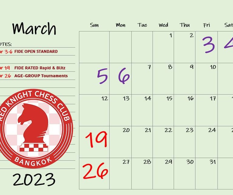 Red Knight Chess Club Tournament Calendar 2023 for first 4 months. Thailand Chess. Bangkok Chess
